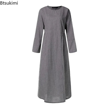 2025 Vintage Plaid Maxi Dress Women's New Cotton Linen Sundress Casual O-neck Long Sleeve Vestidos Females Check Long Skirt Robe