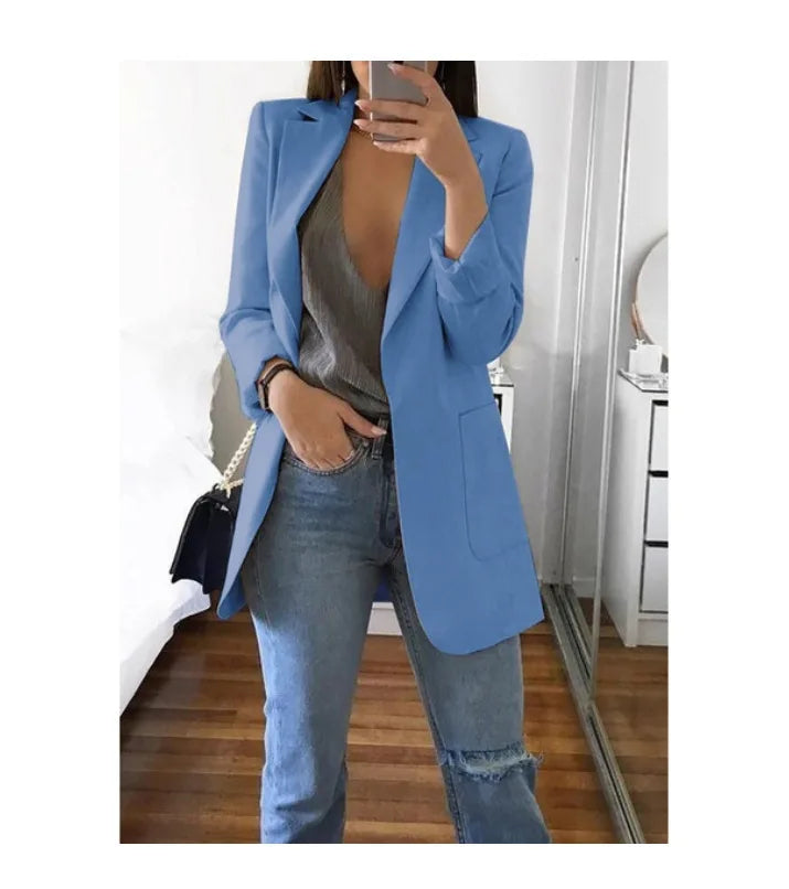 Autumn And Winter Women's Fashion Solid Color Polo Neck Slim Fit Coat Elegant Women's Long Sleeve Pocket Casual Suit Coat S-3XL