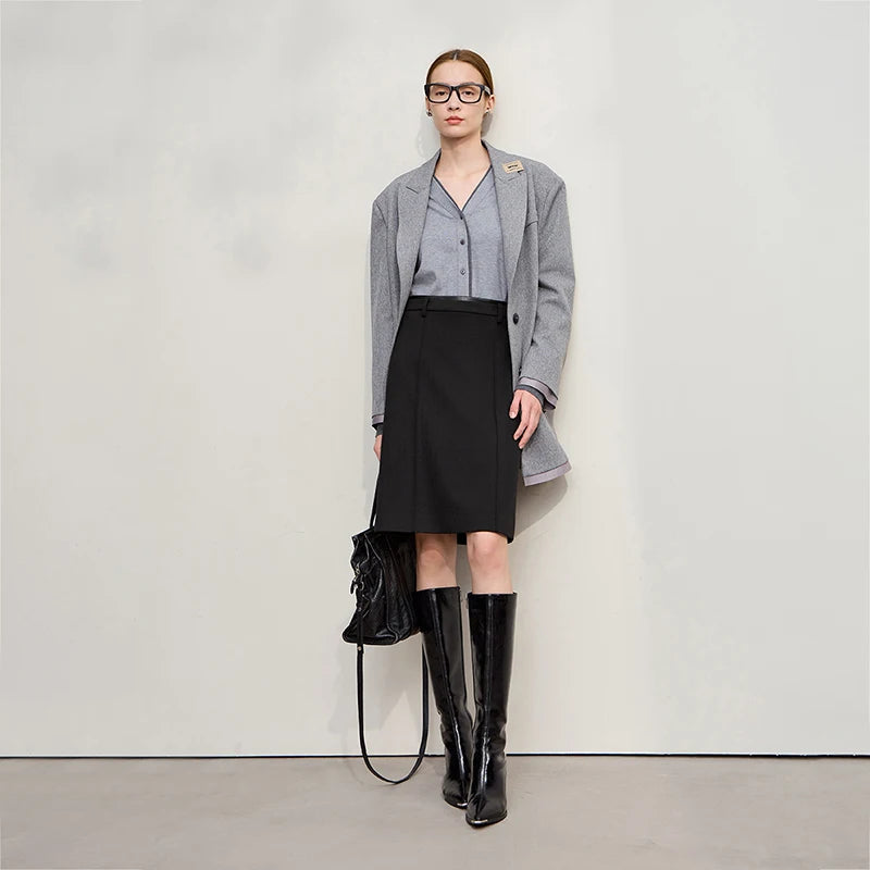 AMII Minimalist Skirts For Women 2025 Winter New Straight Solid Knit Midi Skirt Patchwork Leather Casual Woman Clothes 12524092