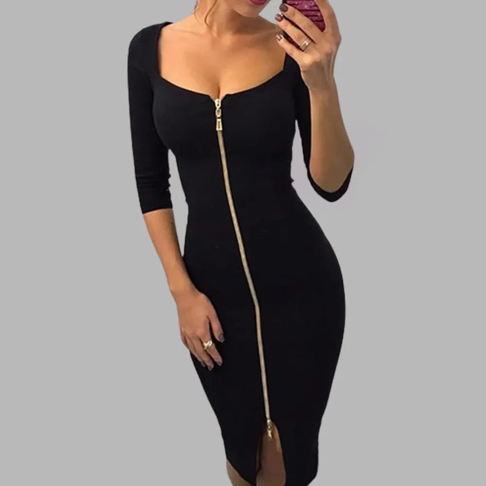 Summer Women Sexy Slim Wrap Dress Fashion Tight Skirts Square Neck Patchwork Zipper Solid Color Slim Fit Half Sleeve Party Dress