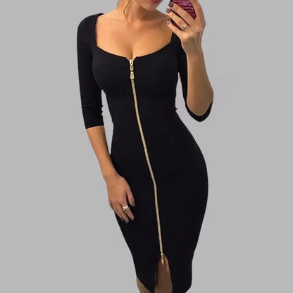 Summer Women Sexy Slim Wrap Dress Fashion Tight Skirts Square Neck Patchwork Zipper Solid Color Slim Fit Half Sleeve Party Dress