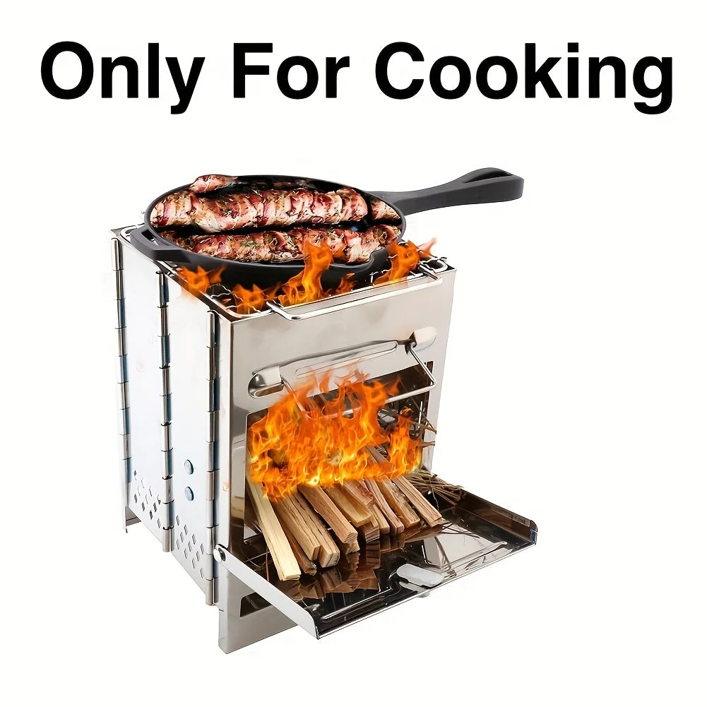 Portable Stainless Steel Mini Firewood Stove - Compact Outdoor Cooking Stove for Camping, Picnic & BBQ with Carry Bag