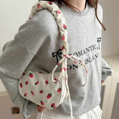 Small Underarm Bag For Women Corduroy Handbag Cute Strawberry Print Little Tote Half Moon Design Eco Cloth Mini Shoulder Bag