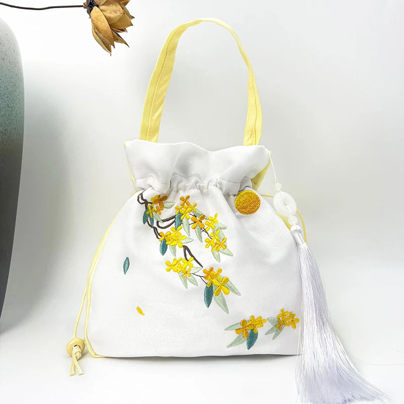 Chinese Style Retro Flower Embroidery Crossbody Top-handle Bags Women Shoulder Lace Drawstring Bucket Bag Coin Purses Handbags