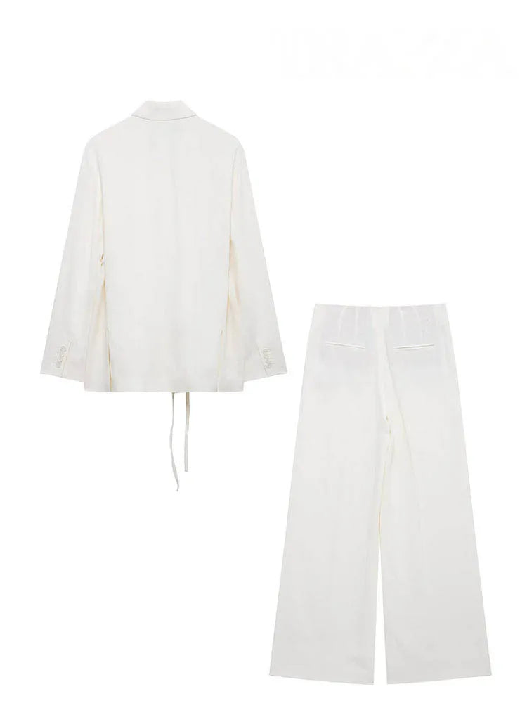 HH Women's Suits White Turn-Down Collar Long Sleeves Lace-Up Blazers+High Waist Zipper Long Pants Female Spring Fashion Sets