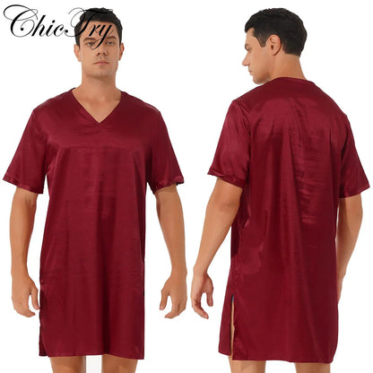Mens Satin Sleepwear Tops Night Shirt Nightgown Pajamas Dress Short Sleeve Underwear Homewear Sides Split Sleep Tops Nightwear