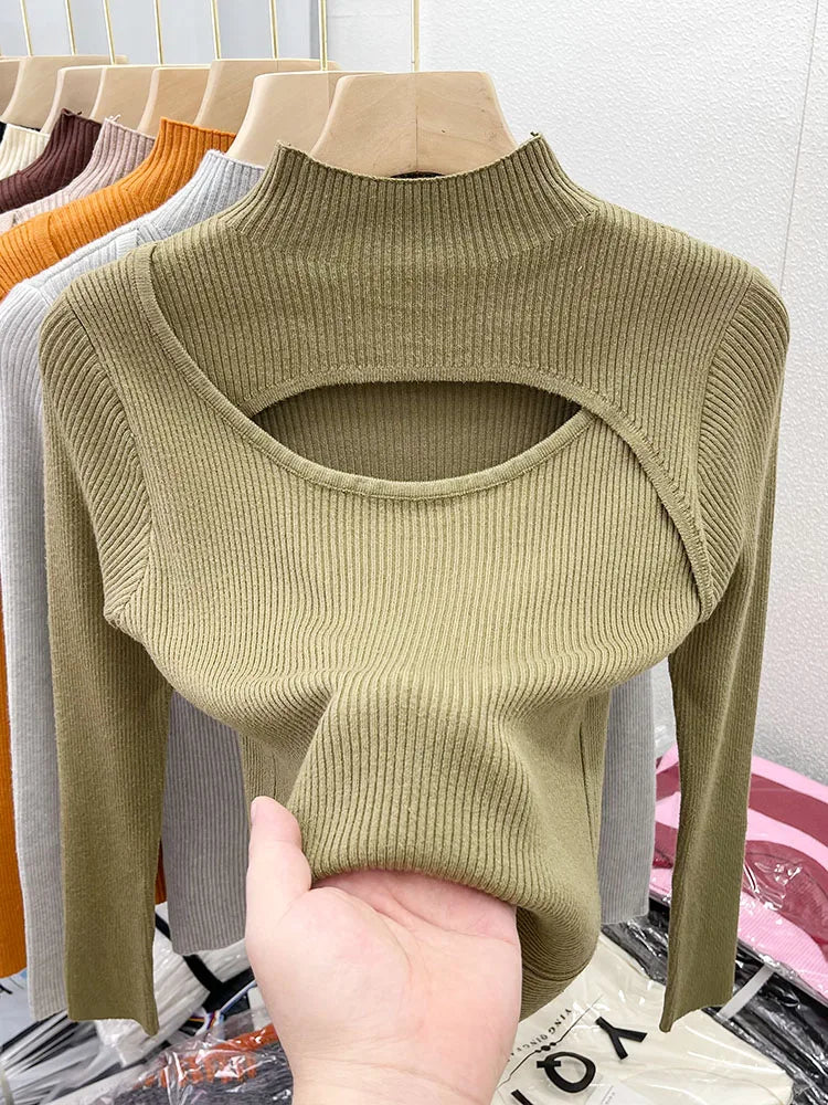 2025 Autumn Winter Sexy Hollow Out Women Sweaters Tops Slim Vintage Jumper Soft Warm Pull Female Casual Pullover Knitted Sweater