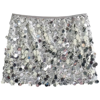 HXAO Women 2024 Sequin Dance Skirt Women's Skirt Summer High Waist Mini Skirts Shiny Silver Black A Line Skirt Chic Sexy Skirts