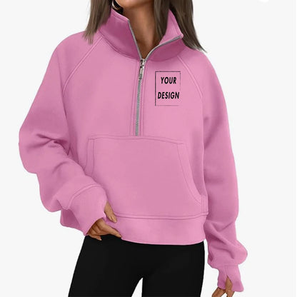 Women's Stand Collar Plus Fleece Solid Color Hoodie Long Sleeve Pocket Loose Half Zip Pullover Hoodie Top лонгслив женский