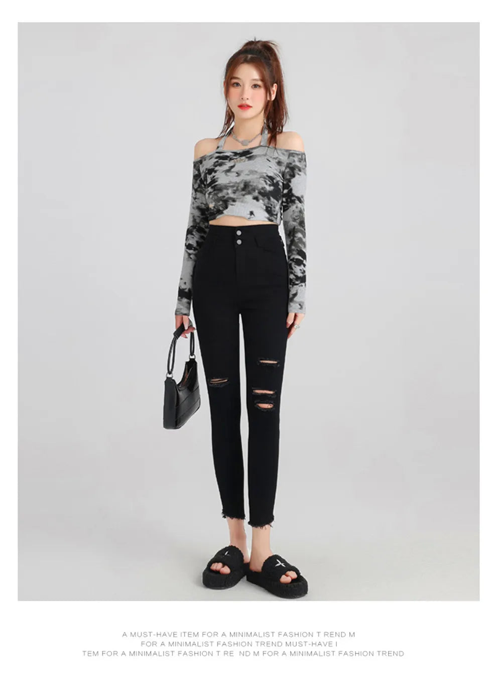 Women Button Fly Jeans Black High Waisted Ripped Jean Stretchy Thicken Denim Dress Pants Distressed Jeans Casual Style ouc046