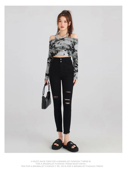 Women Button Fly Jeans Black High Waisted Ripped Jean Stretchy Thicken Denim Dress Pants Distressed Jeans Casual Style ouc046