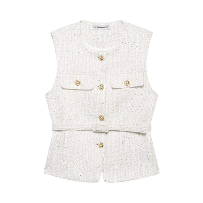HH 2025 Elegant Women's Texture Belt Waistcoat Summer O-Neck Sleeveless Buttons Vest Jacket Female Slim Commuter Vest Tops