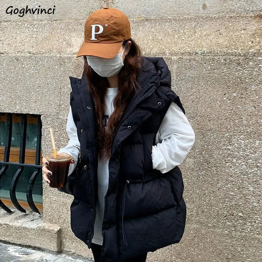 M-4XL Hooded Vests Women Solid Korean Style Fashion Harajuku Autumn Winter College Loose All-match Waistcoats Zip Up Leisure
