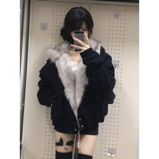 Faux Fur Coats Women American Vintage Jackets  Long Sleeve Hooded Office Lady Trench Winter Clothes Y2k Grey Jackets Streetwear