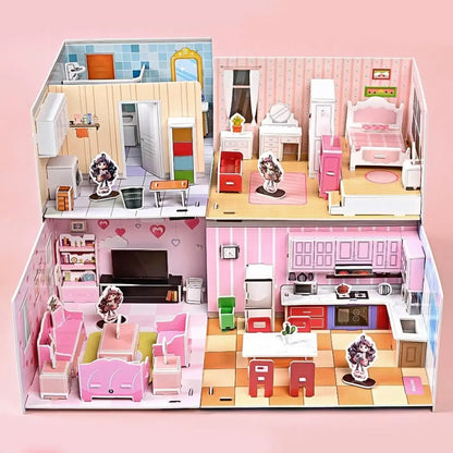Bedroom DIY Puzzle Dollhouse Room Kitchen Bathroom Pretend Play Paper Doll House Living Room Cardboard 3D Paper Puzzle Room