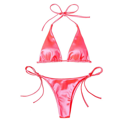 Brazilian Bikini Set Women Halter Neck Triangle Cup Swimwear Low Waist Satin Bandage Bikini Swimwear Summer Beach Bathing Suit