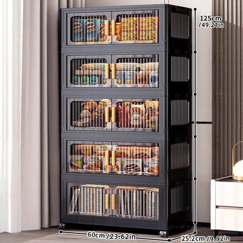 Foldable Clear Double-Door Storage Cabinet Large Space-Saving Mobile Organizer Dustproof Moisture-Proof for Kitchen Living Room