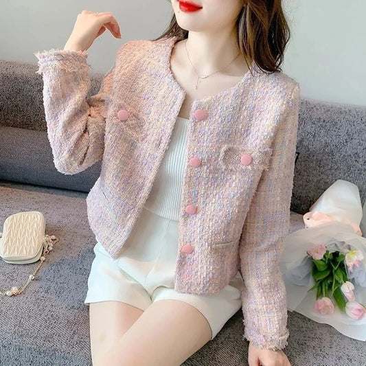 Women's Jacket 2024 Spring Autumn New Pink Tweed Small Fragrance Coat Short Jacket Korean Fashion Elegant Female Outerwear Tops