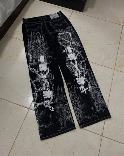 New Cyberpunk Jeans Mens American Y2K Red Graphic Street Goth Baggy Wide-Leg Pants Harajuku Hip-Hop Straight Pants