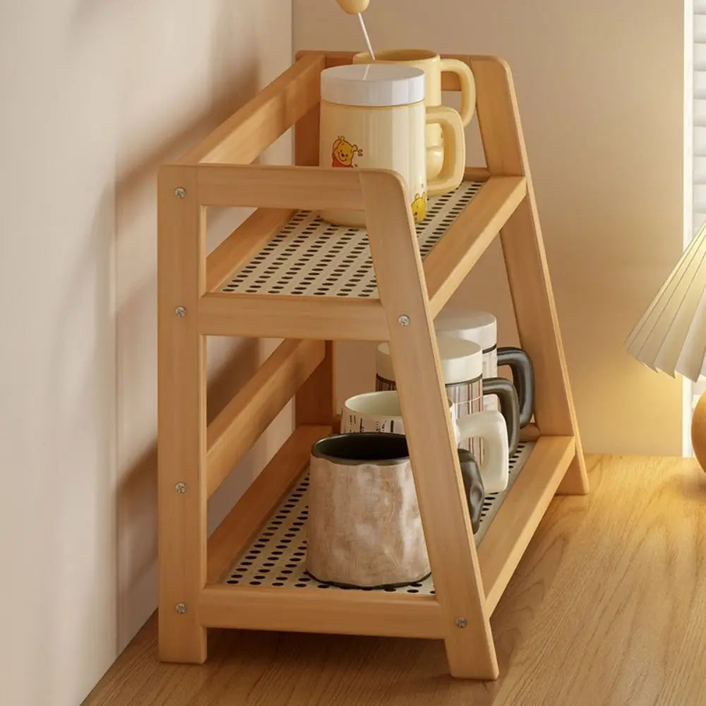 Display Rack Spice Rack Wooden Storage Shelf for Kitchen Rattan Desktop Organizer for Countertop Makeup Organizer
