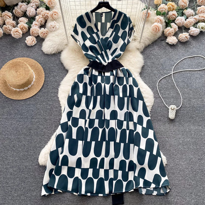 2026 Summer Bohemian Wommen Print Midi Dress Vintage V-Neck Sleeveless High Waist A-Line Plain Vestido Female New Casual Robe