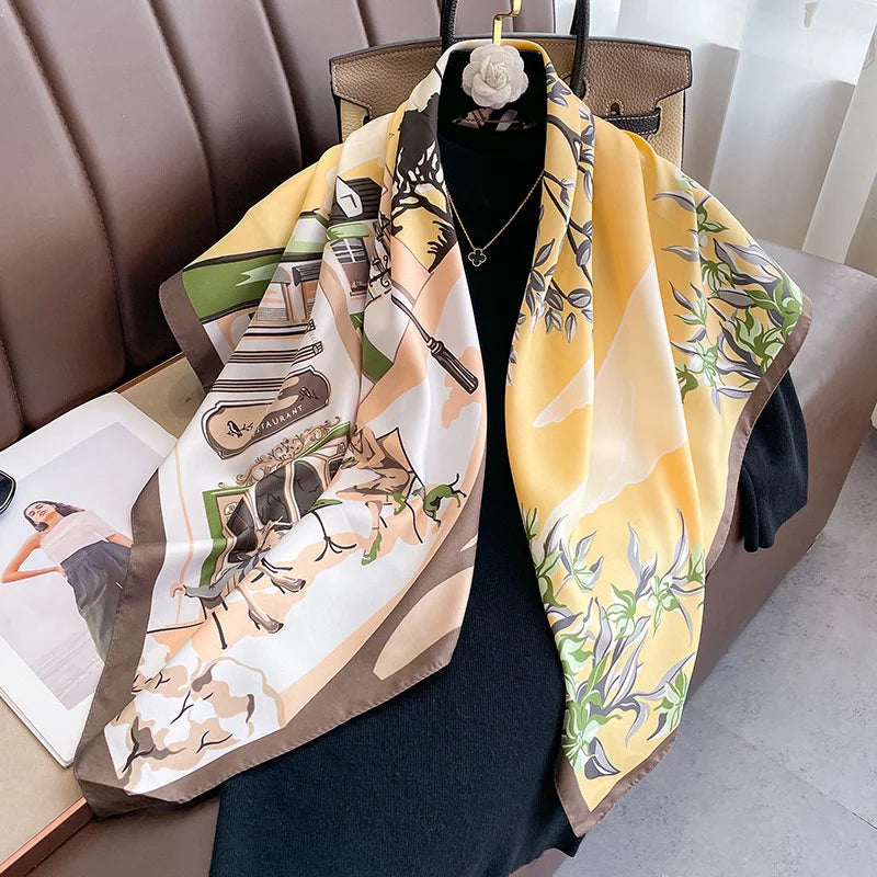 Twill Silk Scarf Women 90cm Square Hijab Shawls And Wraps Female Foulard Headkerchief Elegant Floral Summer Autumn Lady Bandana