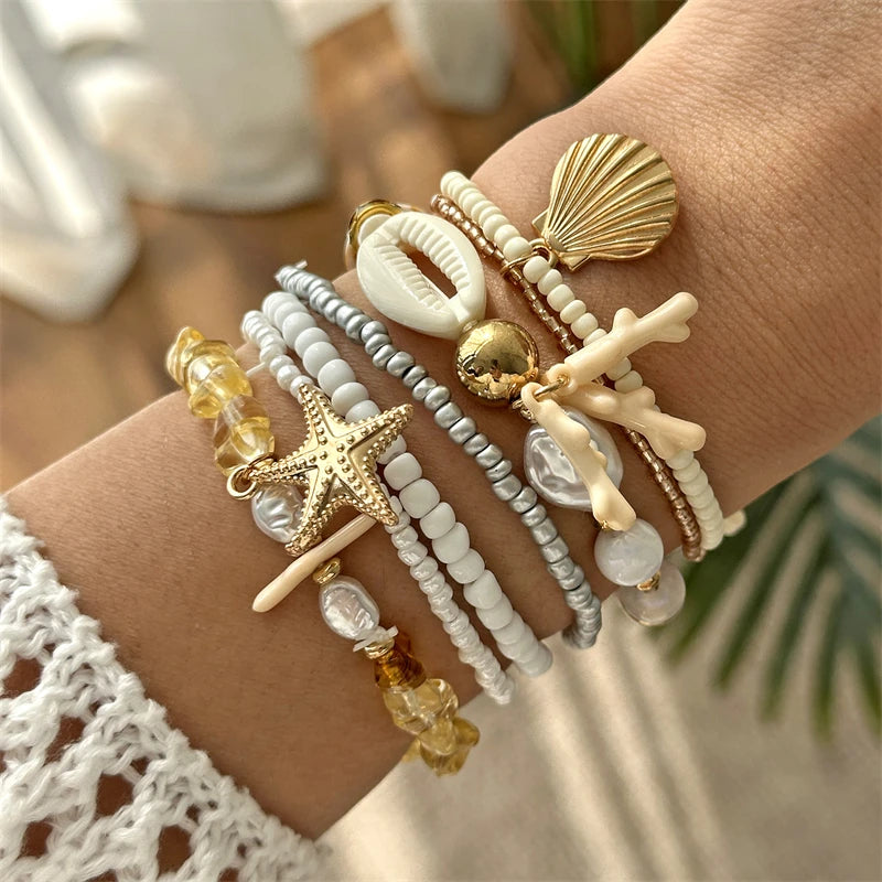 Cute Coral Starfish Shell Multi-Layer Bracelet for Women Ocean Series Fashion Stackable Beaded Jewelry Accessories