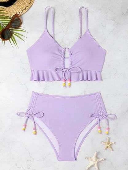 2026 High Waist Bikini Women Drawstring Swimwear Female Ruffle Swimsuit Solid Bathers Bathing Swimming Swim Suit Beachwear