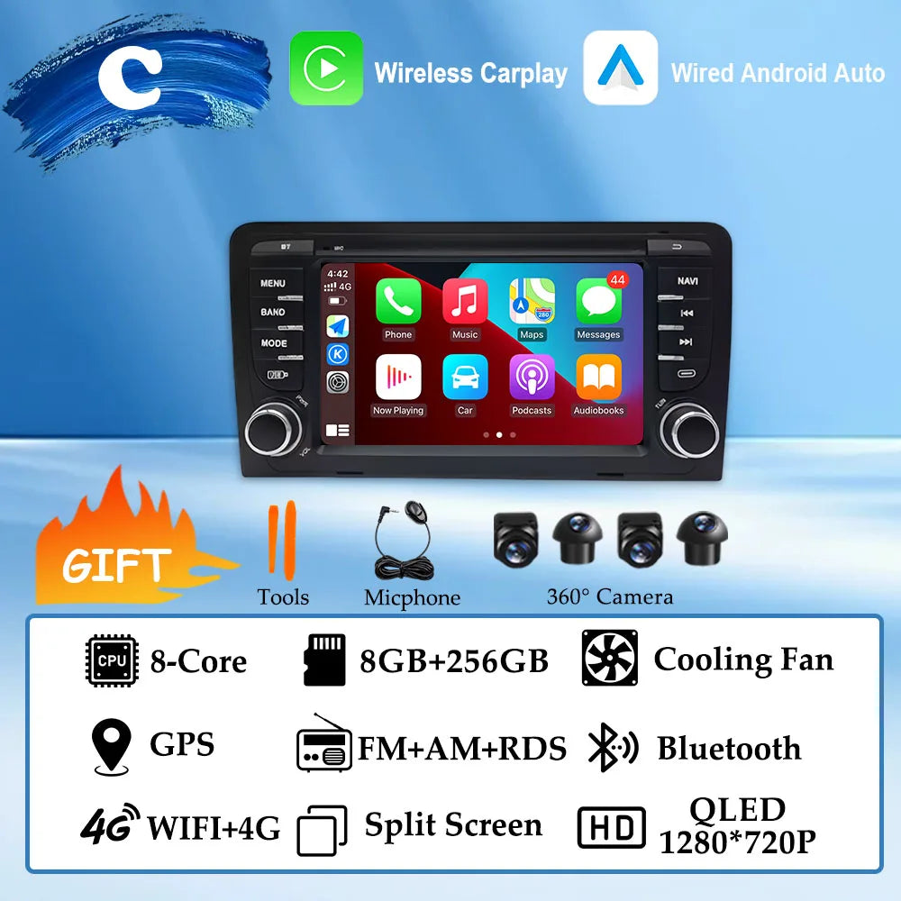 GPS Navigation 7 inch 4G Wifi Car Radio Android 16 for Audi A3 8P 2003-2011 S3 RS3 Sportback CarPlay Multimedia Player Video DSP