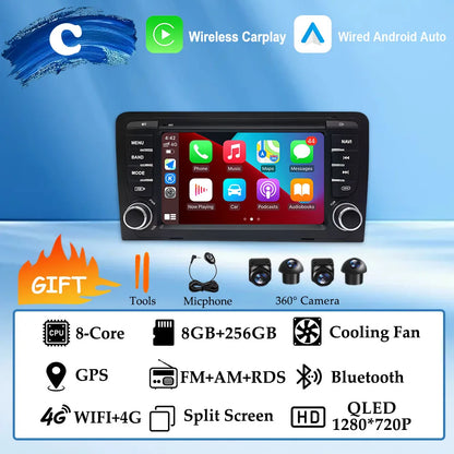 GPS Navigation 7 inch 4G Wifi Car Radio Android 16 for Audi A3 8P 2003-2011 S3 RS3 Sportback CarPlay Multimedia Player Video DSP