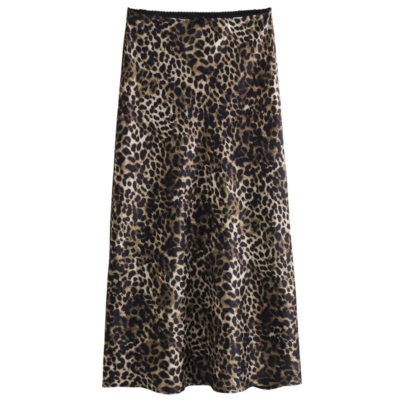 HXAO Woman Bow Leopard Print Skirts Women's Skirt Summer Satin Long Skirt High Waist Vintage Smooth Skirts Luxury Elegant Skirts