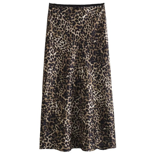 HXAO Woman Bow Leopard Print Skirts Women's Skirt Summer Satin Long Skirt High Waist Vintage Smooth Skirts Luxury Elegant Skirts