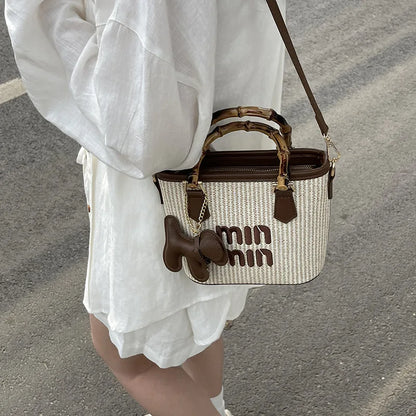 Women's Crossbody Bag Bamboo Fiber Woven Basket Bag Water Bucket Bag Zipper Closure, Versatile for Casual & Formal Occasions