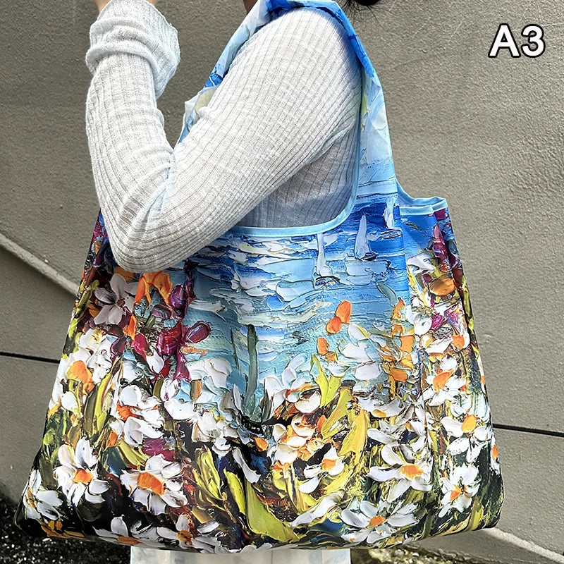 New Fashion Bag Foldable Shopping Bag Reusable Grocery Storage Bag Nylon Portable Shoulder Handbag Travel Tote Bag