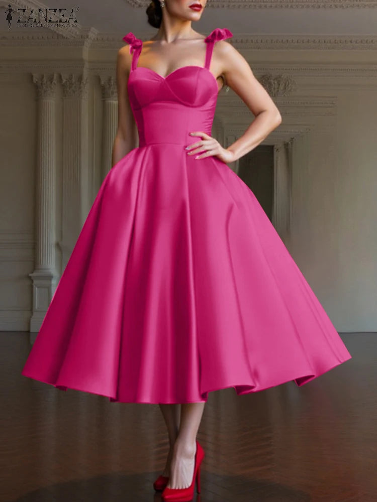 ZANZEA Women Evening Dress Elegant Spaghetti Strap Mid-Calf Party Dress Summer 2025 Retro Square Collar Sleeveless Vestidos Robe