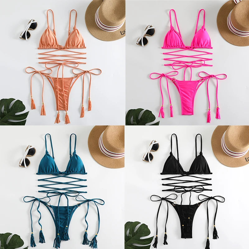 2024 Luxury Bikini Set Women Sexy Swimsuit High Cut Bandage Bikini Set Bathing Suit With Tassels Summer Brazilian Biquini