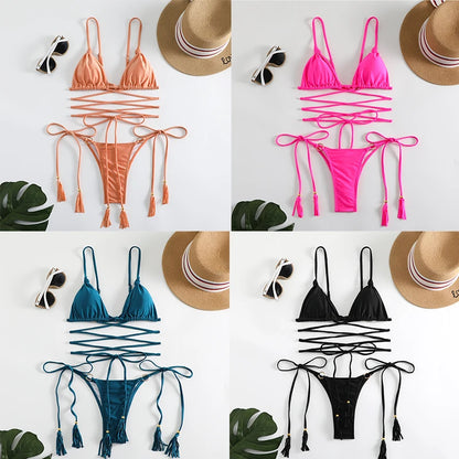 2024 Luxury Bikini Set Women Sexy Swimsuit High Cut Bandage Bikini Set Bathing Suit With Tassels Summer Brazilian Biquini