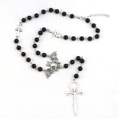 Gothic Bat Cross Rosary Necklace for Women Fashion Mystery Witch Jewelry Accessories Gift Silver Color Bat Charm Vampire Choker