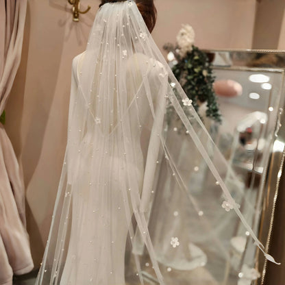 G83 Pearls Wedding Veil 3D Flowers Bridal Veils 1 Tiers Beaded Soft Tulle with Comb Long Wedding Accessories for Bride