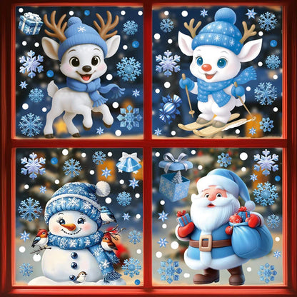 Santa Claus Stickers Blue Snowman Window Decorations Glass Static Stickers Christmas Decorations Snowflake Window Stickers