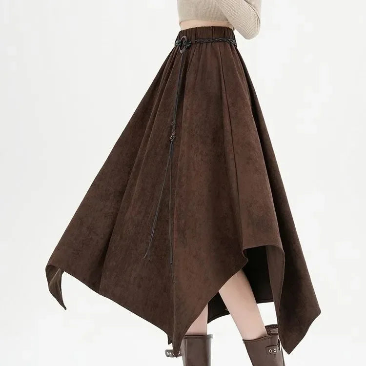 American Retro Irregular Deerskin Velvet Skirt for Women in Autumn New Ruffle Splicing Large Umbrella Skirt
