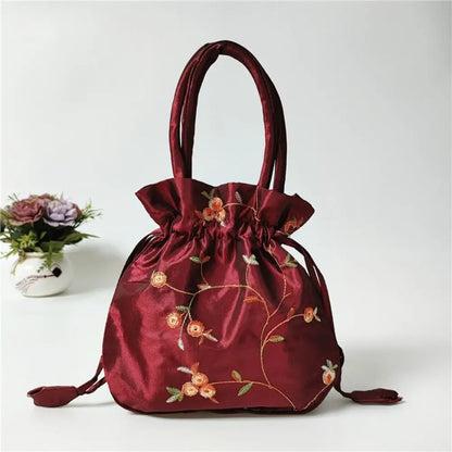 Elegant Ethnic Style Cosmetic Handbag Women Flower Handbags Embroidered Flower Small Bucket Bag National Style Purse Jewelry Bag