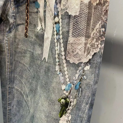 DEAT Fashionable Niche 3D Printed Lace Pearl Chain Denim Pants For Women High Waist Straight Leg Jeans Female Trendy 11A05476