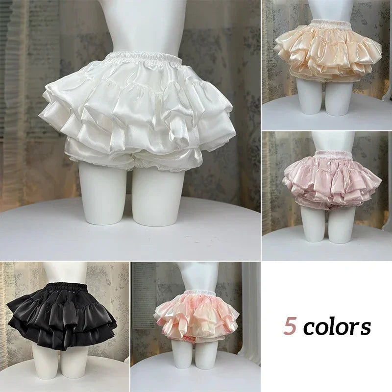 Sweet Elastic Waist Short Skirt Chic Ruffle Cake Princess Satin Puffy Skirt