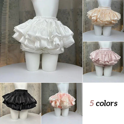 Sweet Elastic Waist Short Skirt Chic Ruffle Cake Princess Satin Puffy Skirt
