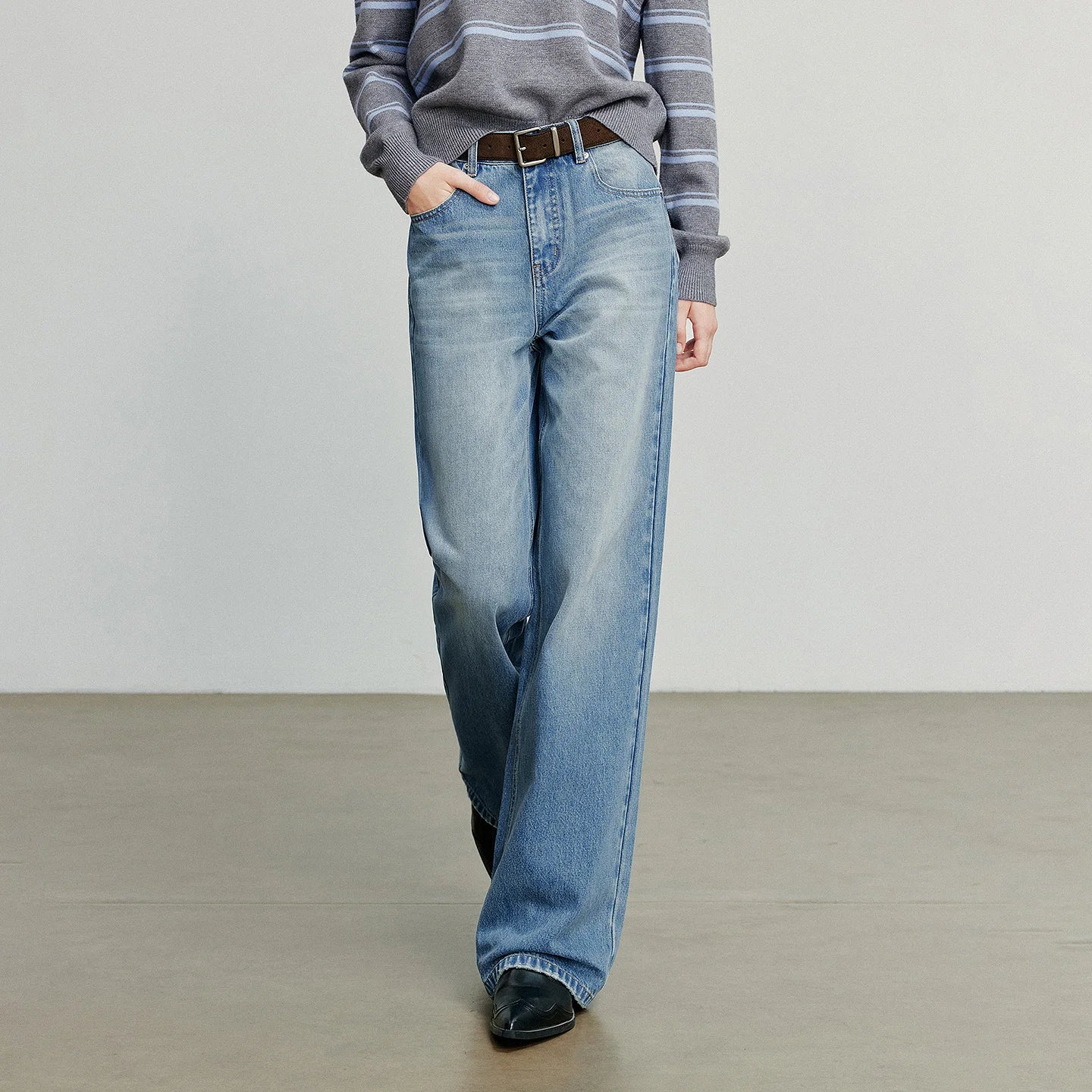 TOYOUTH Women Denim Jeans 2025 Autumn New Cotton High Street Wide Leg Pants Gray