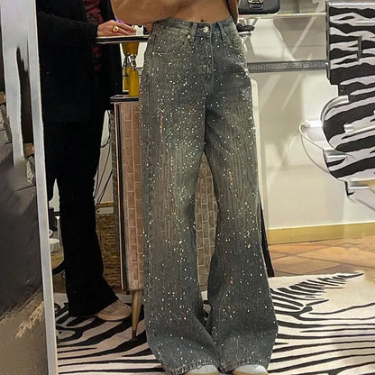 New Women's Perrusted Jeans, Starry Sky Patchwork Denim Trousers Spring Autumn Female Design With A Shiny Floor-length Pants