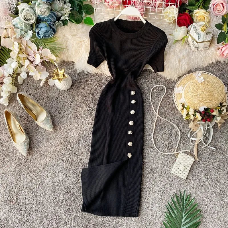 YuooMuoo  Women Dress European and American Fashion Short Sleeve Slimming Side Slit Knitted Mini Dress Streetwear Lady Outfits