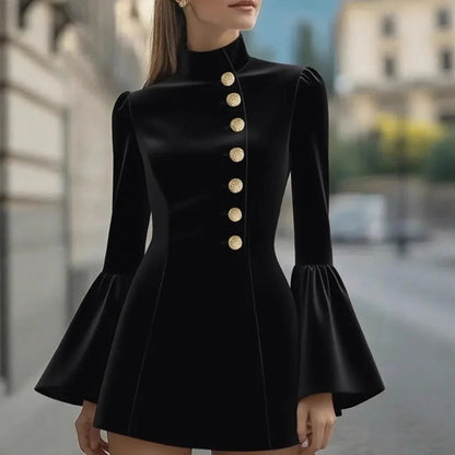 Elegant Stand Collar Commutr Blazer Dress Women's Fashion Single-breasted Solid Mini Dress Casual Long Sleeve Slim Party Dresses