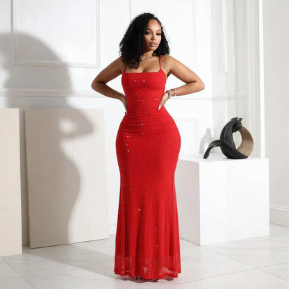 Women Camisole Dress Sheath Party Dresses Ankle Length Vestidos Sleeveless Slim 2025 Diamonds Slight Strech Summer Spliced
